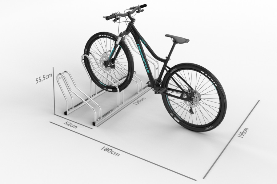 stojan na 4 bicykle so striedavou konštrukciou. model ALFA MAXI do úzkych priestorov. Povrchová úprava galvanické zinkovanie
