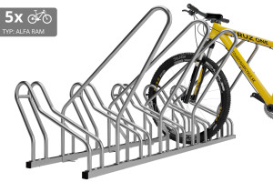 Stojan na 5 bicyklov s rámom na uzamykanie ALFA, nerezový