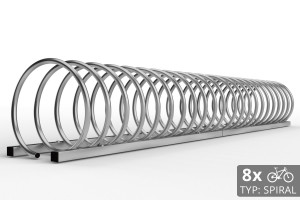 Cyklo stojan na 8 bicyklov v tvare špirály. Povrchová úprava galvanicky zinok. Typ SNK-SPIRAL-8PO. 

