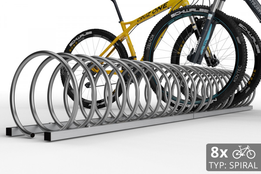Cyklo stojan na 8 bicyklov v tvare špirály. Povrchová úprava nerez. Typ SNK-SPIRAL-8NE.
